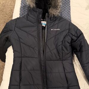 Columbia Dark Blue Jacket with Faux Fur Hood